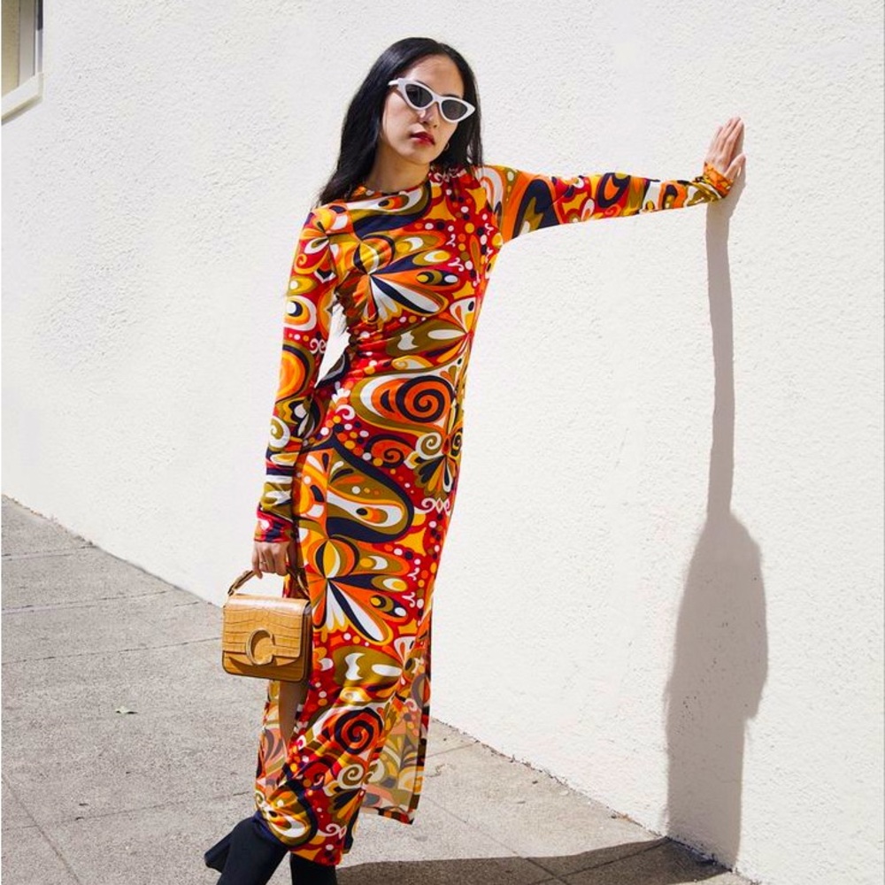 ZARA Psychedelic 70s Retro Print Long Sleeve Maxi Dress